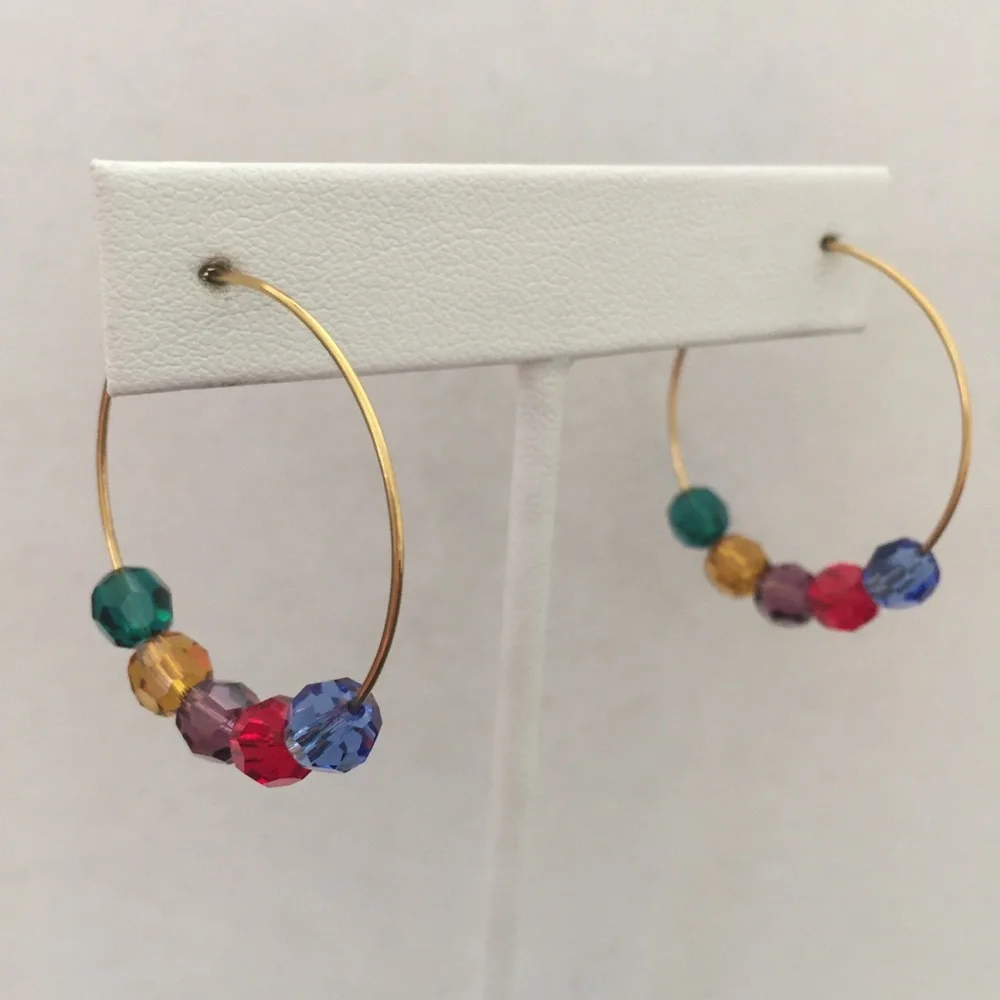 HAND CRAFTED Hoop Earrings Jewel-tone Swarovski Crystals Goldtone Hoops Rainbow